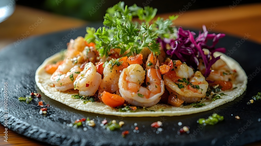 Delectable Shrimp Tacos with Garlic and Chili Served on a Sleek Black Stone Plate
