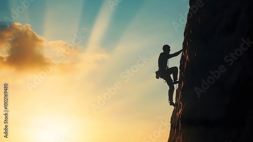 A solitary rock climber silhouetted against a breathtaking sky with rays of sunlight peeking over the horizon capturing the and determination of the ascent photo