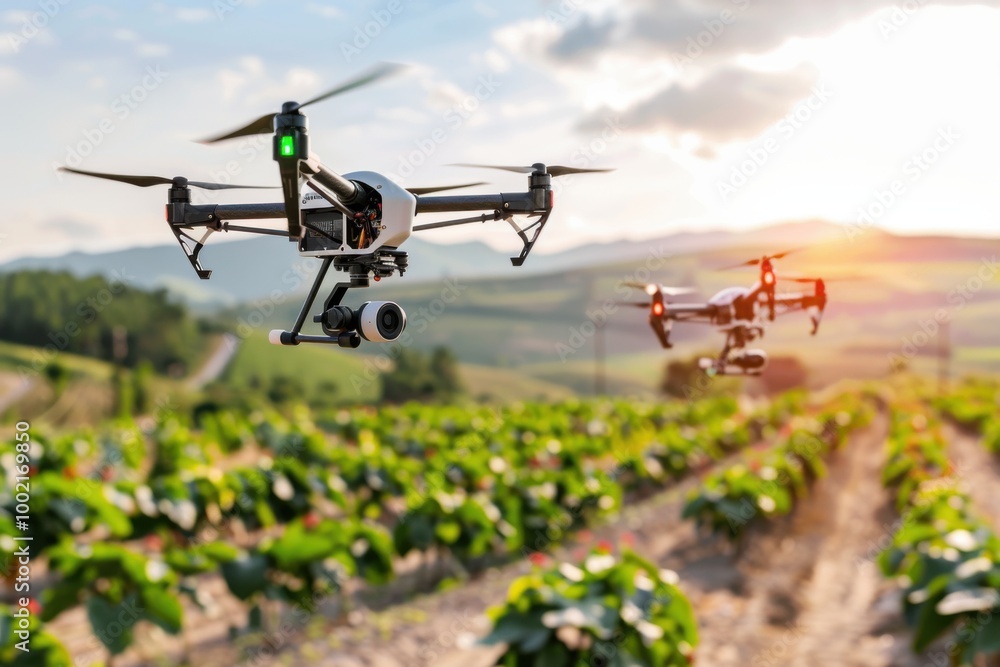 A drone swarm monitoring an agricultural field, representing innovation in precision agriculture A drone swarm monitoring an agricultural field, representing innovation in precision agriculture