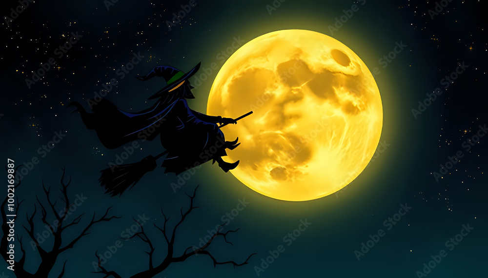 A timeless Halloween scene featuring a witch soaring on her broomstick across the bright moonlit sky filled with stars. A timeless Halloween scene featuring a witch soaring on her broomstick across the bright moonlit sky filled with stars.