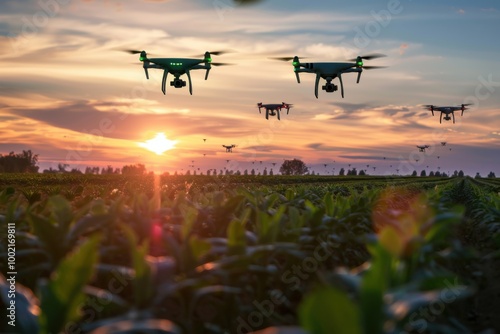 A drone swarm monitoring an agricultural field, representing innovation in precision agriculture