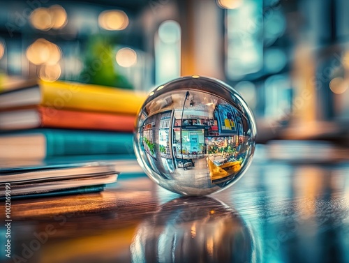 Elegant Crystal Globe on a Polished Desk: Perfect Poster for Inspiring Home Office Decor or Cozy Reading Nook with Colorful Books