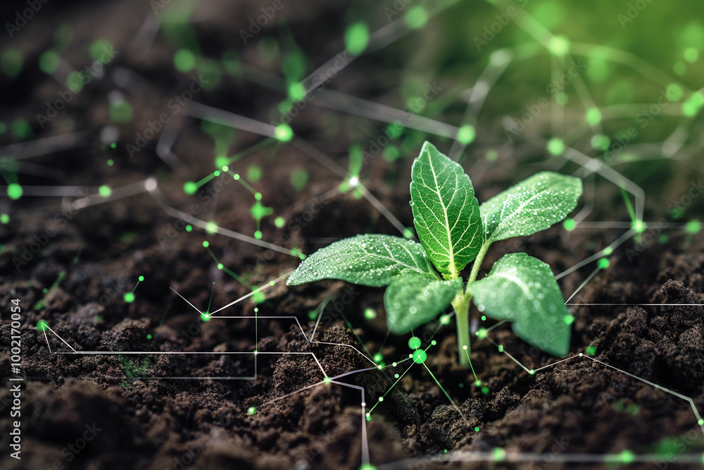 A young plant sprouting from the soil with a digital technology overlay, representing the integration of advanced technology in agriculture. Concept of precision farming and sustainability. A young plant sprouting from the soil with a digital technology overlay, representing the integration of advanced technology in agriculture. Concept of precision farming and sustainability.