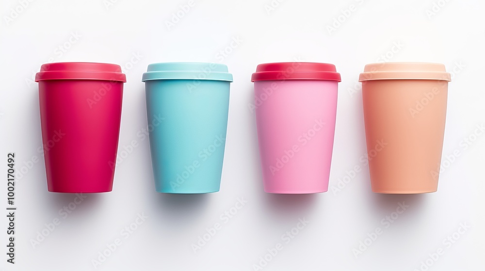 Colorful reusable coffee cups arranged in a line showcasing sustainable drinking options Colorful reusable coffee cups arranged in a line showcasing sustainable drinking options