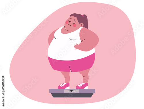 Overweight woman standing on scale. Sad obese woman weighing herself