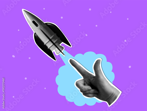 Rocket launch. Halftone hand pushes rocket. Success concept. Starting a business. Startup idea. Modern collage. Creating new ideas. Creative illustration with cut out newspaper elements