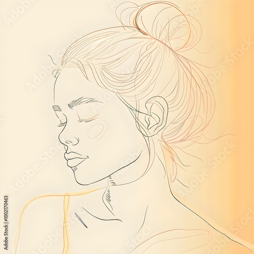 Beautiful serene woman posing with eyes closed and messy bun hairstyle