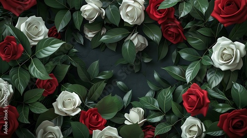 Fototapeta Naklejka Na Ścianę i Meble -  A classic flowers border with elegant red and white roses intertwined with green leaves, framing both sides of the image. 8k UHD, suitable for high-quality printing or digital display. 