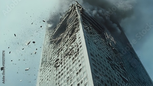 Abandoned and dilapidated skyscraper with its top floors blown off surrounded by cascading debris and rubble from the destruction photo