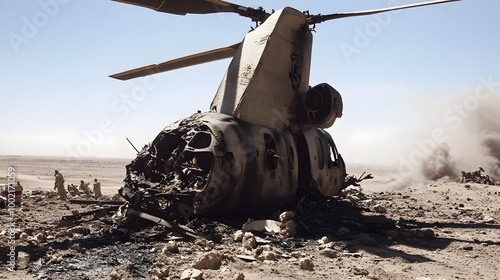 Abandoned military helicopter wreckage with bent and scorched rotor blades lying in a desolate war torn landscape  The scene depicts the aftermath of a violent combat or attack photo