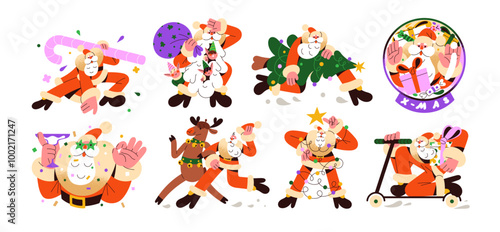 Modern Santa Claus set. Elderly Xmas man with elves carries New Year gifts, decorated Christmas tree, garland. Winter holiday character has fun. Flat isolated vector illustration on white background