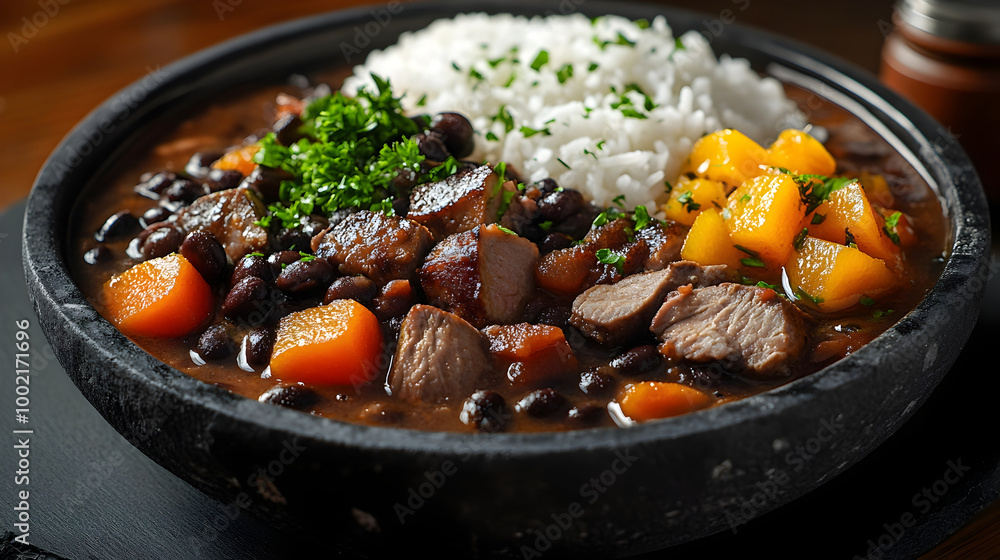 Delectable Feijoada A Hearty Brazilian Black Bean Stew with Savory Meats Rice and Pickled Veggies Delectable Feijoada A Hearty Brazilian Black Bean Stew with Savory Meats Rice and Pickled Veggies