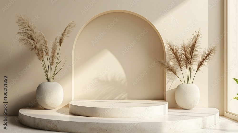 Modern geometric podium beige tones clean and minimalistic design with smooth texture ideal for luxury skincare product presentations Modern geometric podium beige tones clean and minimalistic design with smooth texture ideal for luxury skincare product presentations