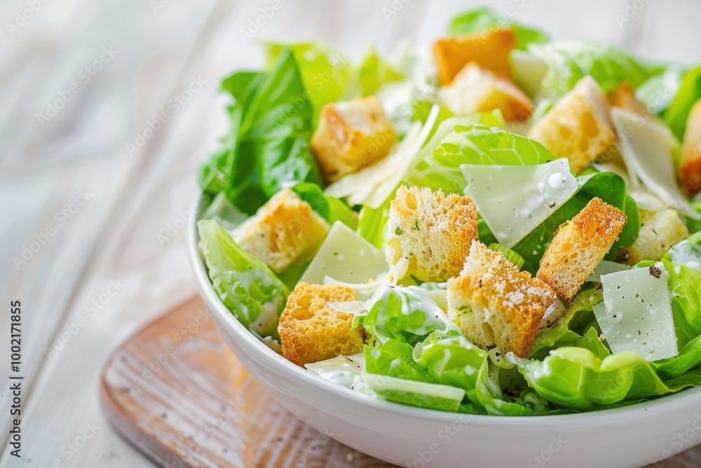 A fresh Caesar salad with romaine lettuce, croutons, Parmesan cheese, and Caesar dressing, served in a white bowl. Copy space A fresh Caesar salad with romaine lettuce, croutons, Parmesan cheese, and Caesar dressing, served in a white bowl. Copy space