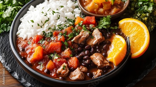 Delectable Brazilian Feijoada Dish with Meats Rice and Garnishes Served on Elegant Black Stone Plate