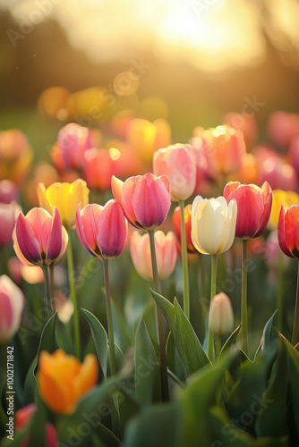 A vibrant field of multicolored tulips bathed in warm golden sunlight, creating a serene and picturesque scene.