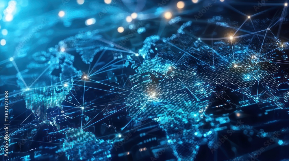 A conceptual image of digital devices, all interconnected globally, representing worldwide connectivity.