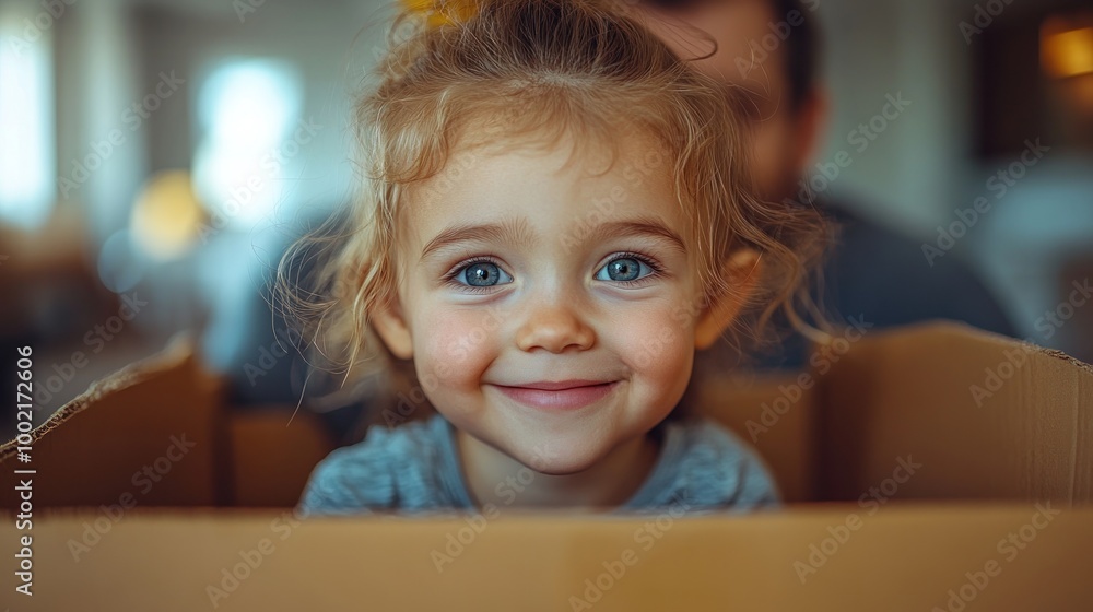 A smiling child in a cardboard box, radiating joy and innocence. A smiling child in a cardboard box, radiating joy and innocence.