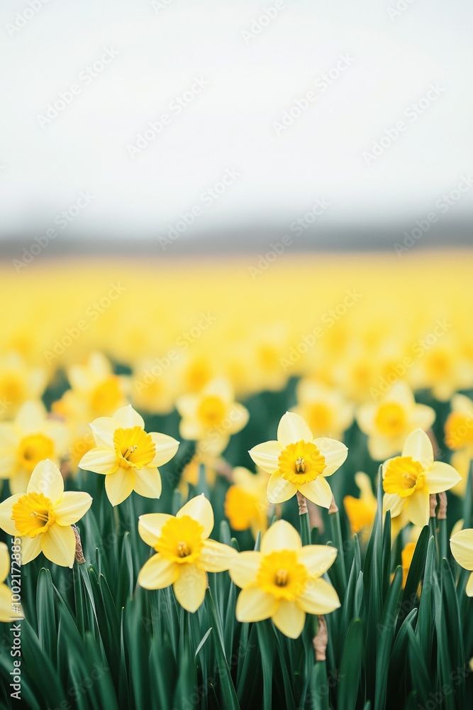 Fototapeta premium A vibrant field of yellow daffodils in full bloom under a clear sky, creating a cheerful and bright spring atmosphere.