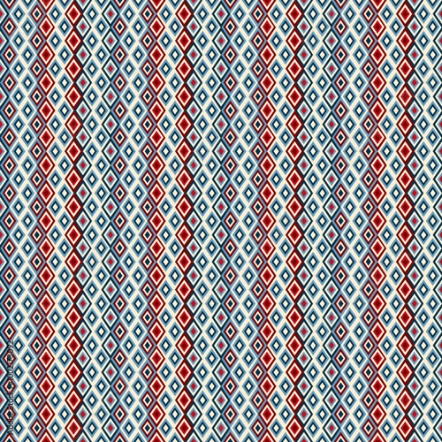 Seamless Geometric Pattern with Repeating Diamond Shapes in Red, Blue, and White Color Scheme