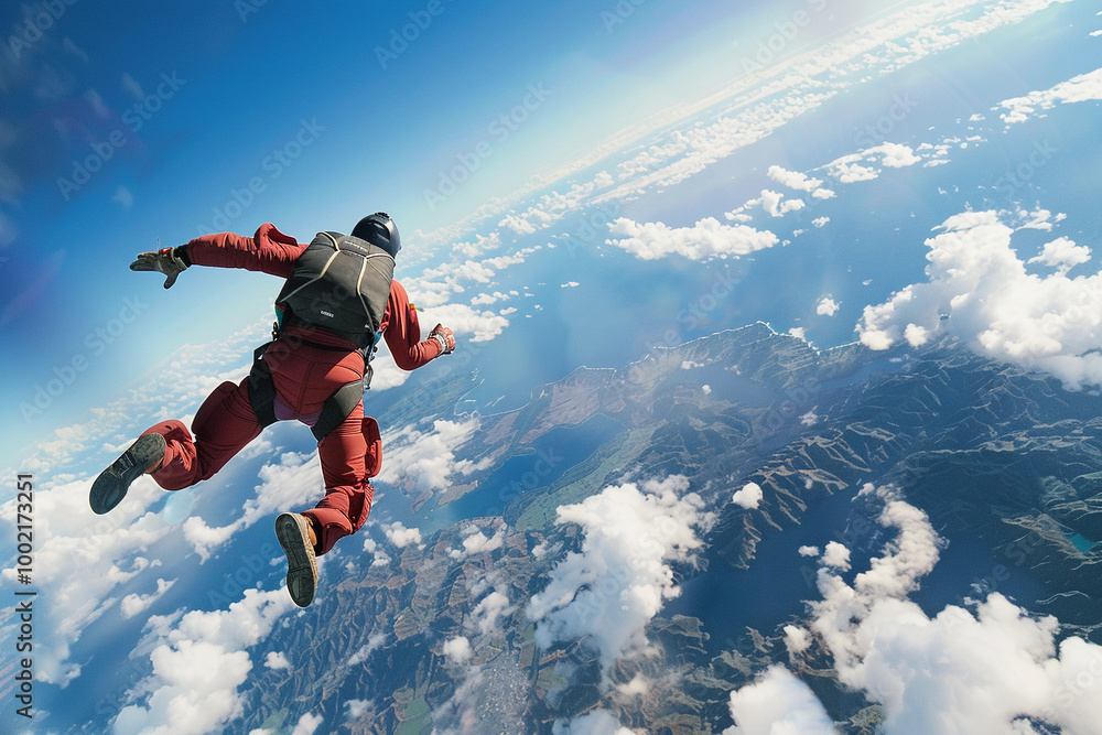 Parachutist with parachute makes heavenly adventure against backdrop of landscape Parachutist with parachute makes heavenly adventure against backdrop of landscape