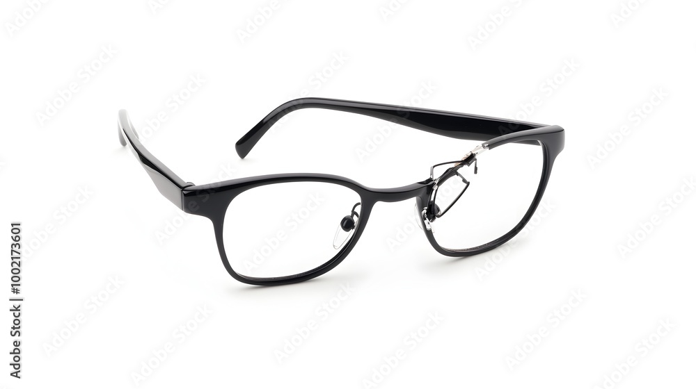 Broken and damaged eyeglasses with one missing and the frame bent isolated on a plain white studio background Concept of optical equipment damage vision impairment and eyewear problems Broken and damaged eyeglasses with one missing and the frame bent isolated on a plain white studio background Concept of optical equipment damage vision impairment and eyewear problems