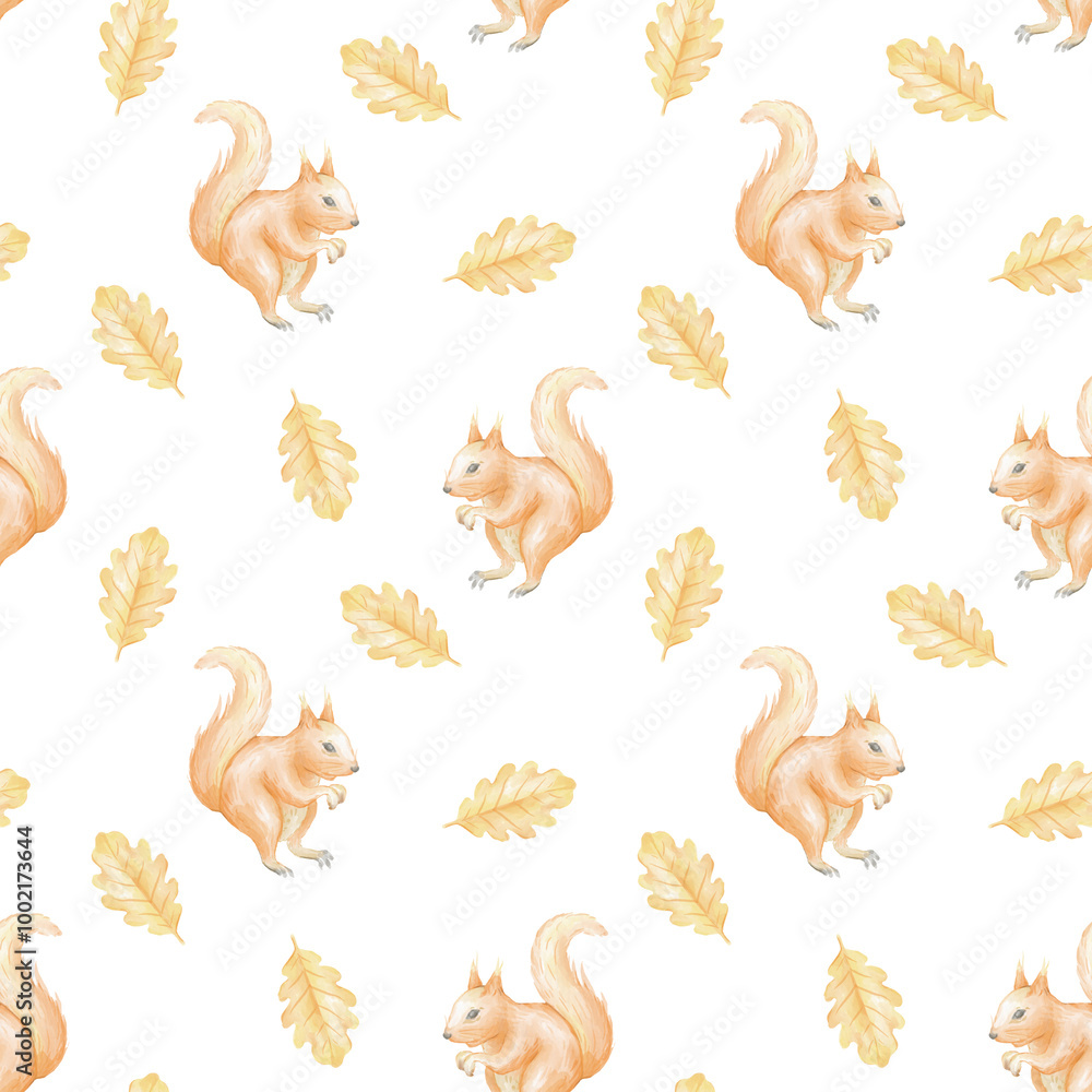 Squirrels and yellow oak leaves. Watercolor seamless pattern on white background for children's textiles and wrapping paper. Cute autumn illustration Squirrels and yellow oak leaves. Watercolor seamless pattern on white background for children's textiles and wrapping paper. Cute autumn illustration