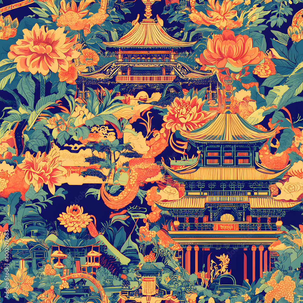 Obraz premium Chinese-inspired doodle tile seamless patterns in an illustrator graphic style
