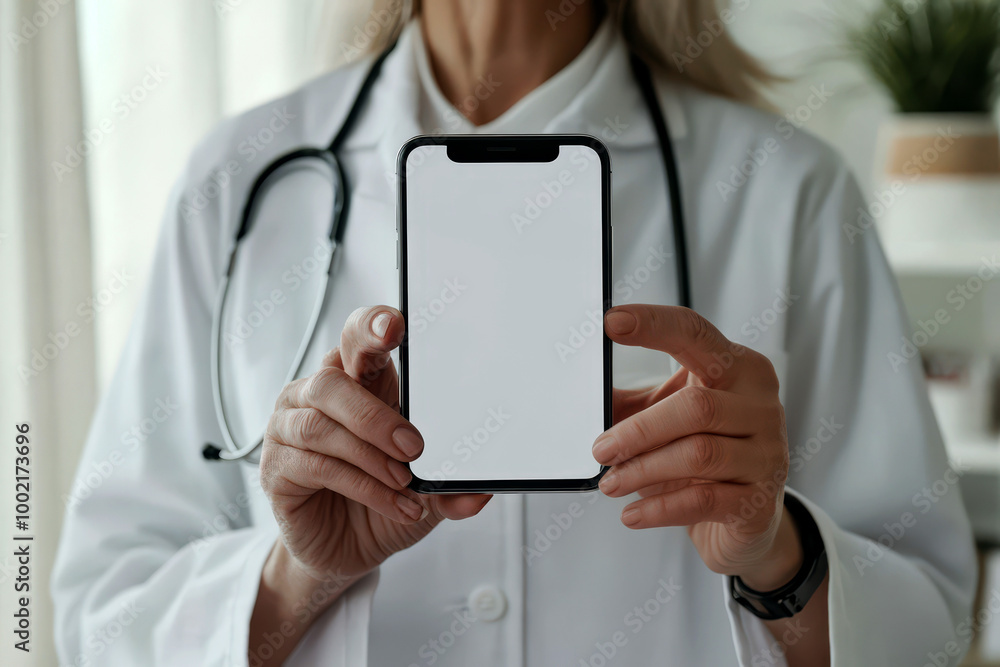Hand of a doctor holding smartphone with blank screen in medical office. Medical professional presenting phone mockup for healthcare application. Hand of a doctor holding smartphone with blank screen in medical office. Medical professional presenting phone mockup for healthcare application.