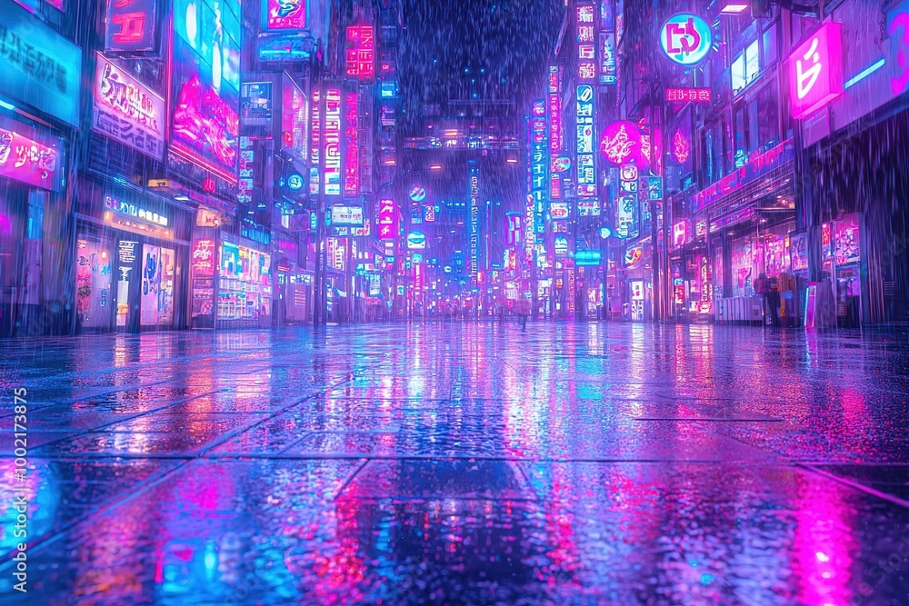 Neon Lights Reflecting on Wet Pavement in Tokyo Neon Lights Reflecting on Wet Pavement in Tokyo
