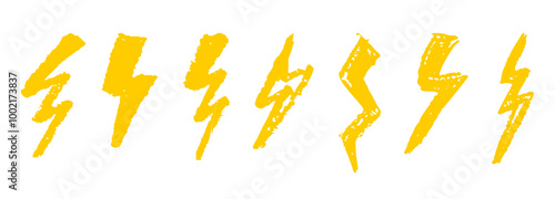 Set of lightning by wax pencil drawing. Collection of handdrawing chalk , light flash signs, Doodle thunder bolts, golden color design elements. Graffiti style weather symbols. Vector illustration.