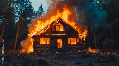 A log cabin on fire in the woods