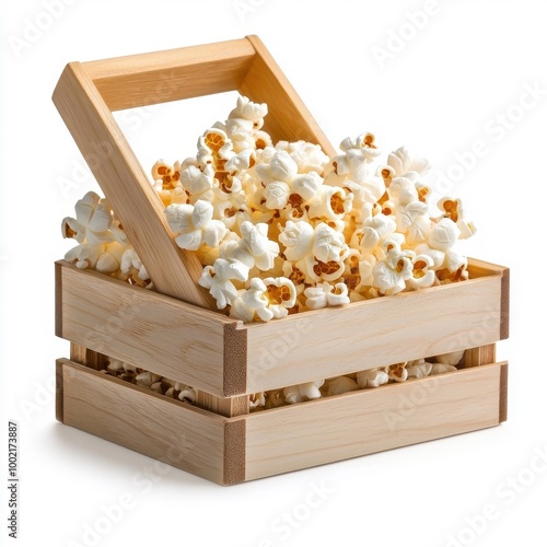 Popcorn in a wooden tray, isolated on a white background, presenting a rustic and charming look.