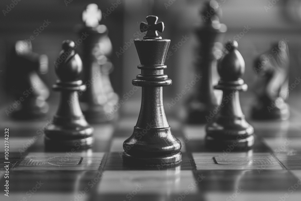 Beautiful chess piece standing on checkered game board during strategic game of chess Beautiful chess piece standing on checkered game board during strategic game of chess