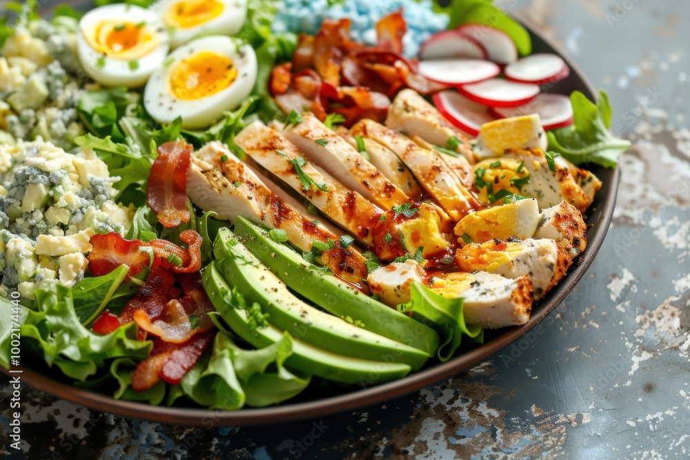 A fresh cobb salad with grilled chicken, avocado, bacon, blue cheese, and hard-boiled eggs, served in a large bowl. Copy space A fresh cobb salad with grilled chicken, avocado, bacon, blue cheese, and hard-boiled eggs, served in a large bowl. Copy space