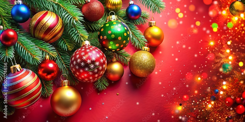 Brighten your holiday season with this festive card, adorned with colorful ornaments on a stunning red background, Brighten your holiday season with this festive card, adorned with colorful ornaments on a stunning red background,
