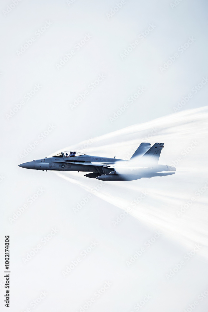 A military jet aircraft in flight, piercing through the sky at high speed with a trail of vapor behind it. A military jet aircraft in flight, piercing through the sky at high speed with a trail of vapor behind it.