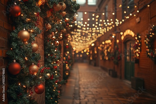 Festive alley with Christmas lights and decorations.