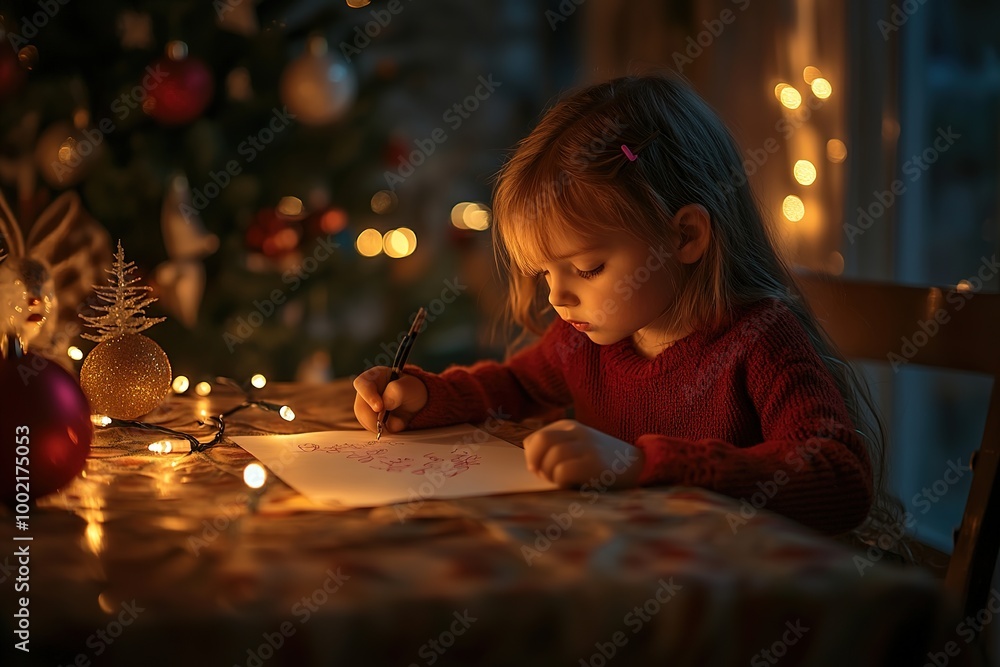 Child writing letter to Santa by Christmas tree light Child writing letter to Santa by Christmas tree light