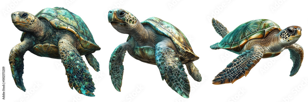 Fototapeta premium A captivating trio of sea turtles swimming gracefully in vibrant ocean waters, showcasing their unique colors and patterns. on a white background as transparent PNG