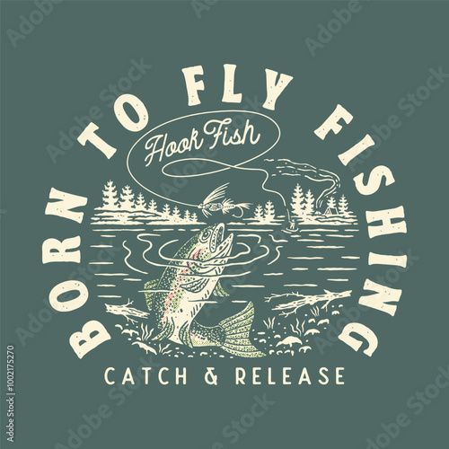 fishing illustration fly graphic trout design lake badge outdoor vintage camping t shirt