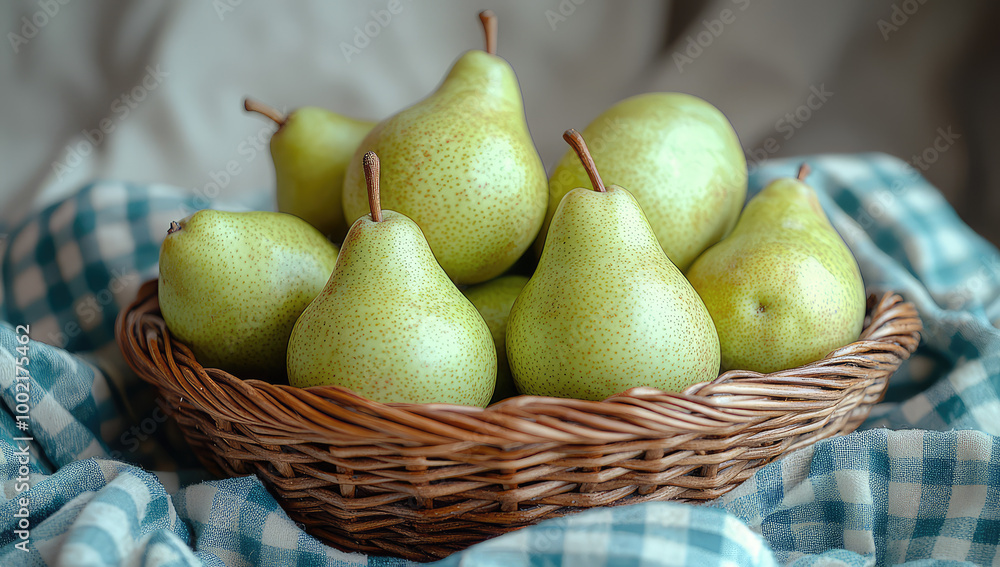 A basket of pears on the table, closeup shot of pears. Created with Ai A basket of pears on the table, closeup shot of pears. Created with Ai