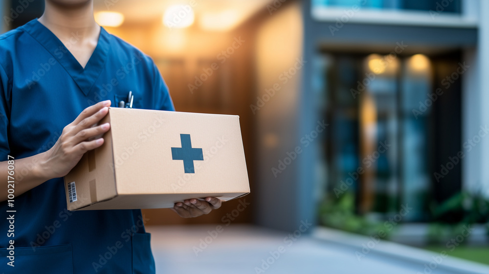 Medical delivery person in uniform holding prescription drug package with medical cross symbol, standing at modern hospital entrance, with copy space for text or design.