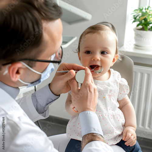 Dentist examining baby girl's teeth in dental clinic
