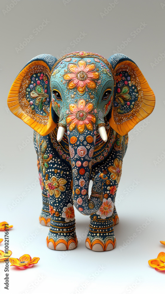 Fototapeta premium A beautifully decorated elephant statue adorned with colorful patterns and floral designs, standing against a plain background.
