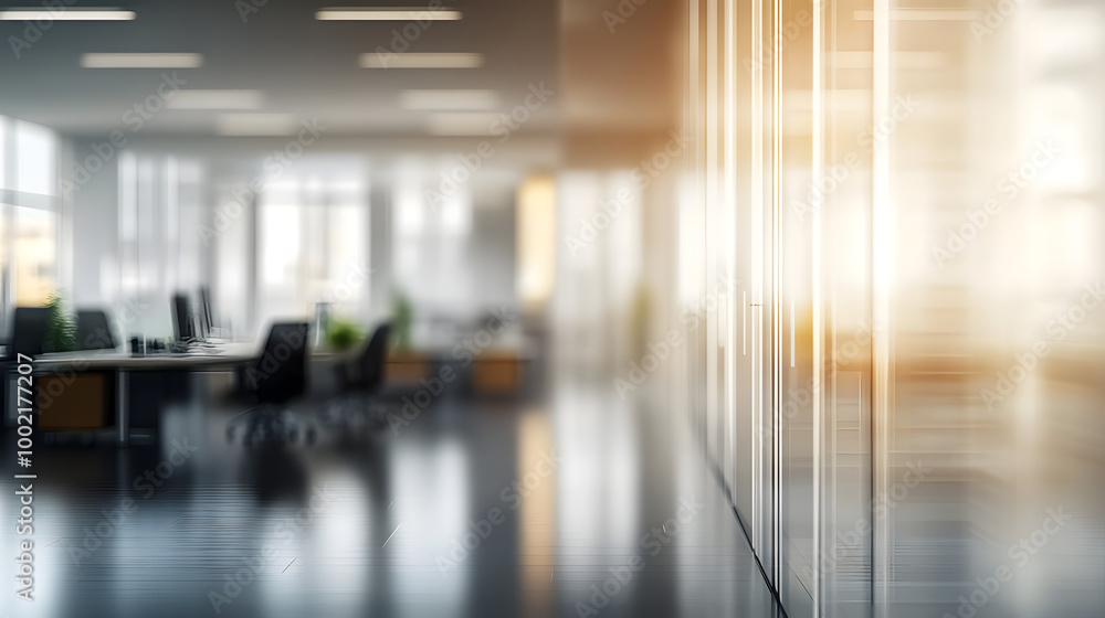 © john - A blurred image of a modern office space enveloped in soft, ambient lighting, providing a peaceful and productive workspace environment.