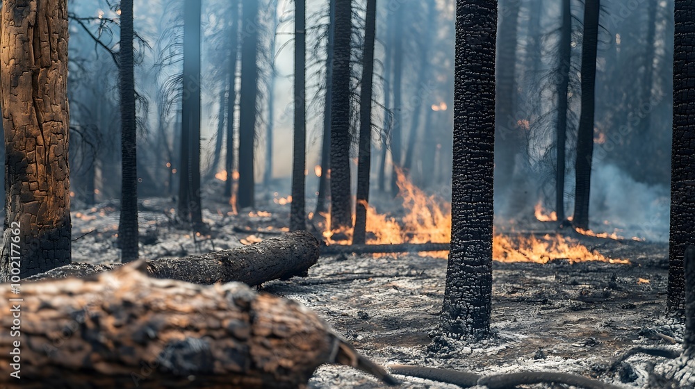 Obraz premium Charred and smoldering remains of a once lush forest after a devastating wildfire has swept through leaving behind a barren and desolate landscape