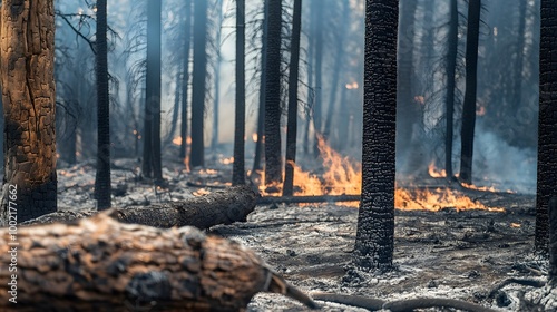 Charred and smoldering remains of a once lush forest after a devastating wildfire has swept through leaving behind a barren and desolate landscape photo