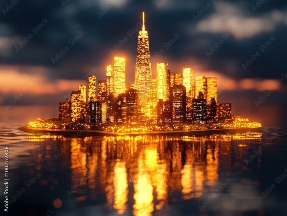 Illuminated Modern Cityscape at Night Reflecting on Water - Symbolizing Green Investments and Sustainable Urban Development Illuminated Modern Cityscape at Night Reflecting on Water - Symbolizing Green Investments and Sustainable Urban Development