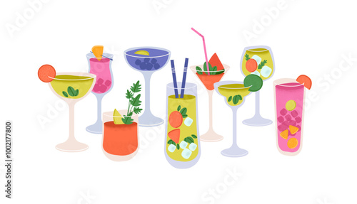 Composition of tropical drinks in glasses. Different alcoholic cocktails, fresh juices, hard and light booze with ice cubes. Various beverages. Flat isolated vector illustration on white background